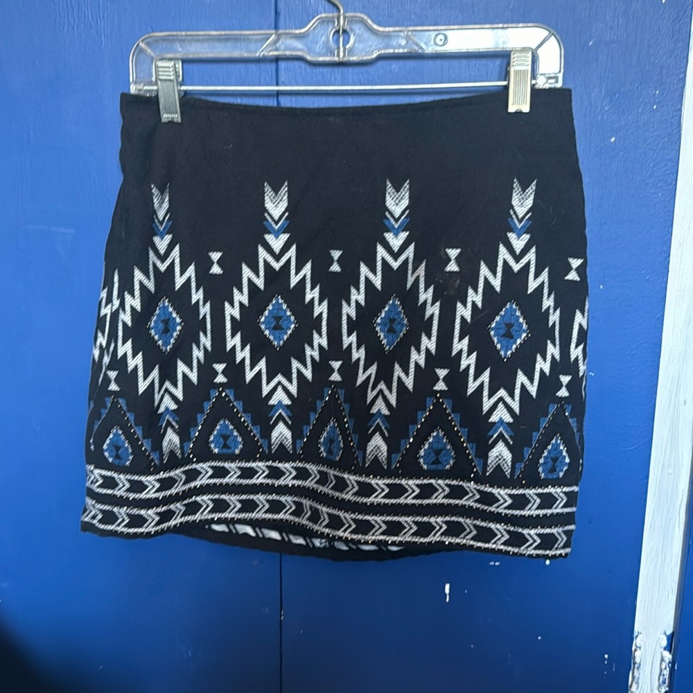 Black and blue beaded geometric pattern mini skirt